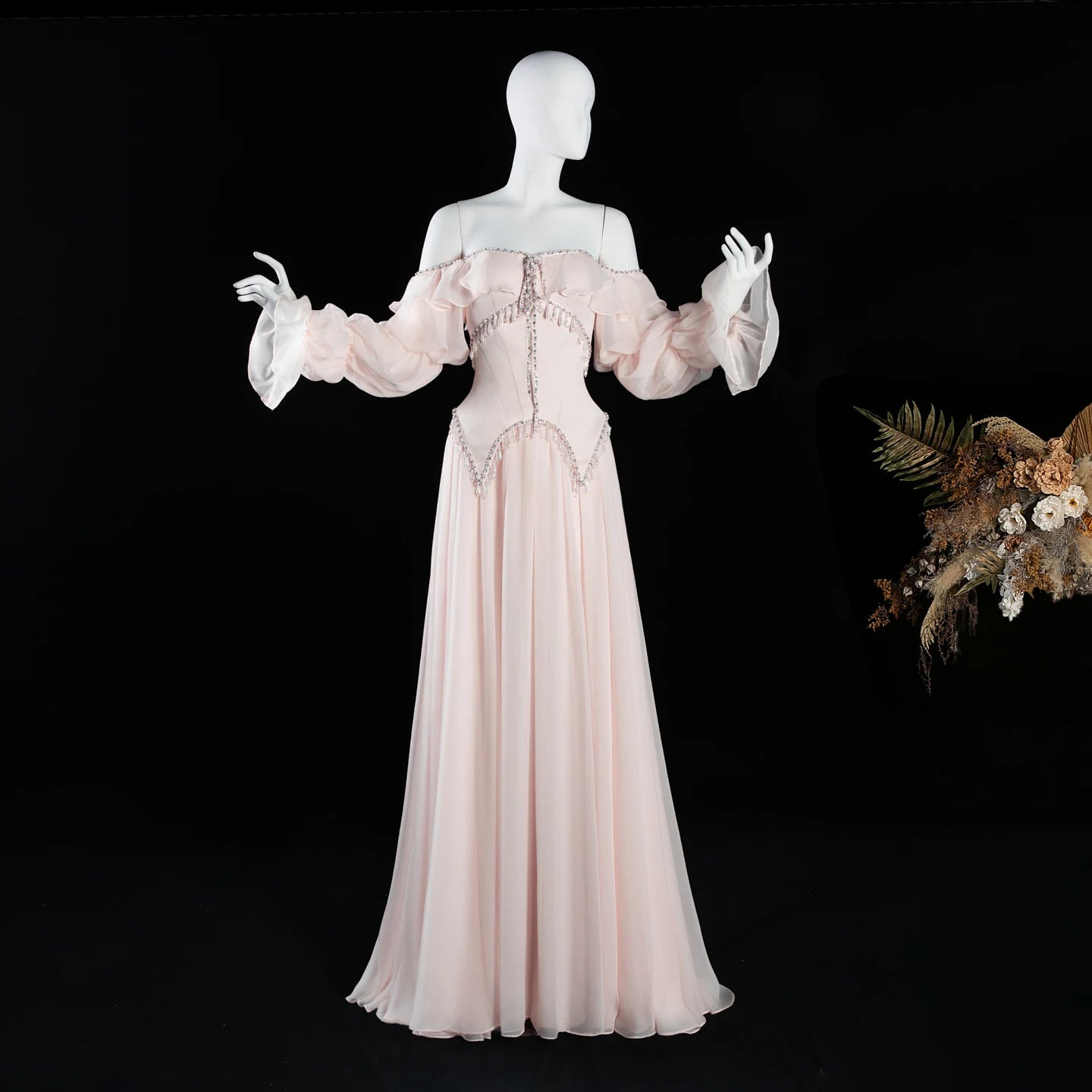 Sharon Said Evening Dresses Luxury A-Line Off Shoulder Chiffon Pearls Crystals Puff Sleeves Wedding Party Gowns SS412 Customized