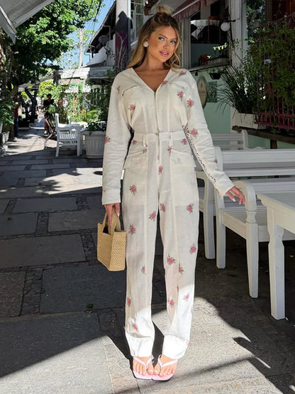 Elegant Print Women Jumpsuits Fashion Long Sleeve V-neck Zippers Female Overalls 2026 Summer Autumn All-match Lady Outfit New