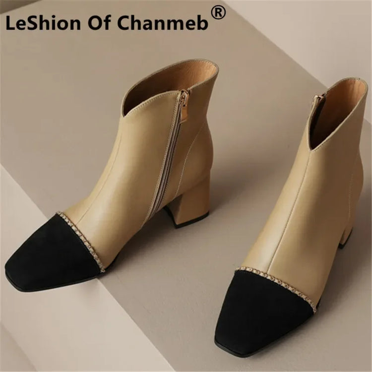 LeShion Of Chanmeb Natural Genuine Leather Boots Luxury Brand Designer Mix-color Kid Suede Ankle Boot Ladies Autumn Winter Shoes