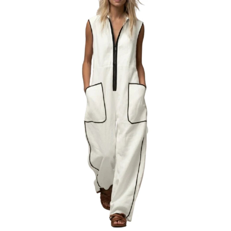 UOOZEE Women White Jumpsuits 2026 New Contrast Color Line Pockets Loose Stand Collar Zipper Casual Vacation Wide Leg Outfits