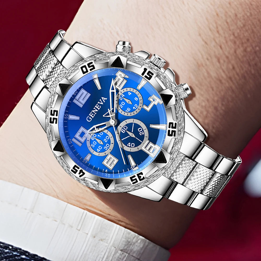Geneva Three Eyes Blue Plate Men's Steel Belt Watch Blue and White Full Diamond Cuban Bracelet Two Piece Set,