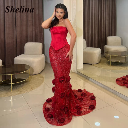 Shelina Exquisite Lace Appliques Evening Dress 3D Flowers Strapless Sleeveless Formal Party Gown Robes De Soiree Customized