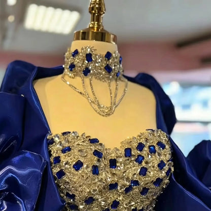 Luxury Royal Blue Evening Gown Rhinestones Beaded Wedding Guest Pageant Dress with Overskirt Phffy Shoulder Prom Gala Customized