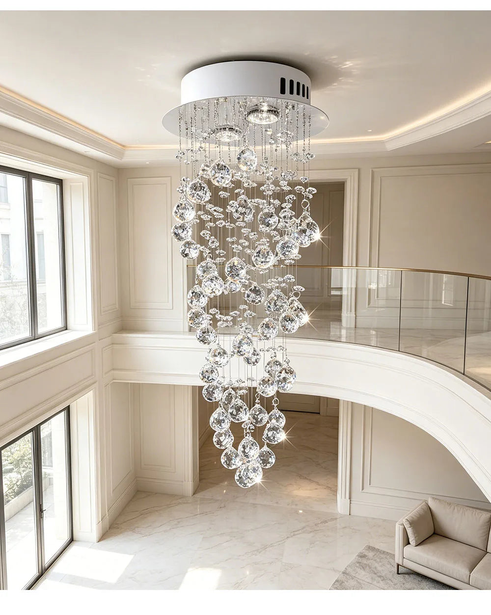 Modern Luxury Spiral Crystal Ceiling Fixture Long Cascading Crystal Design for Duplex Stairwell High Ceiling Home Lighting