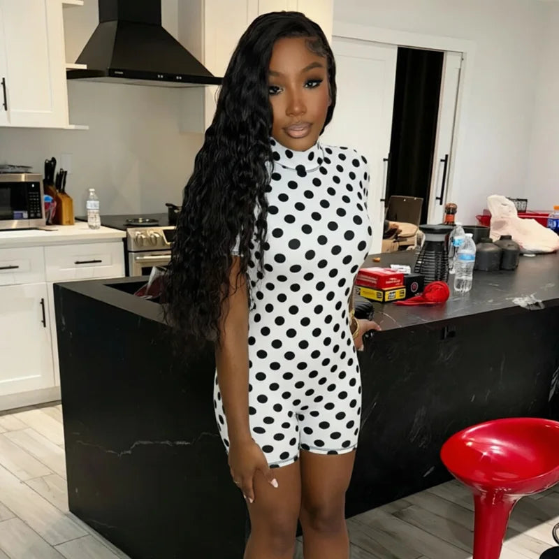 FAGADOER Retro Big Polka Dot Bodycon Rompers Women Short-sleeve Back Hollow Out Ruched Jumpsuits Streetwear Party Club Playsuits