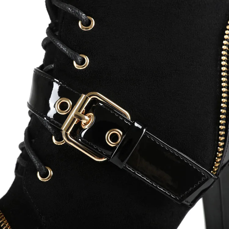 Design Women Black Leather Round Toe Rivets Metal Zippers Block High Heel Thick Bottom Ankle Boots Belt Buckles Platform Boots