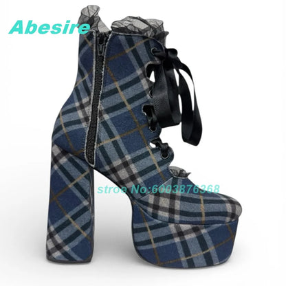 Blue Black Plaid Ankle Boots Platform Lace-Up Hollow Out chunky heels women's boots Sweet Cool Gothic Y2K Daily Wear Shoes