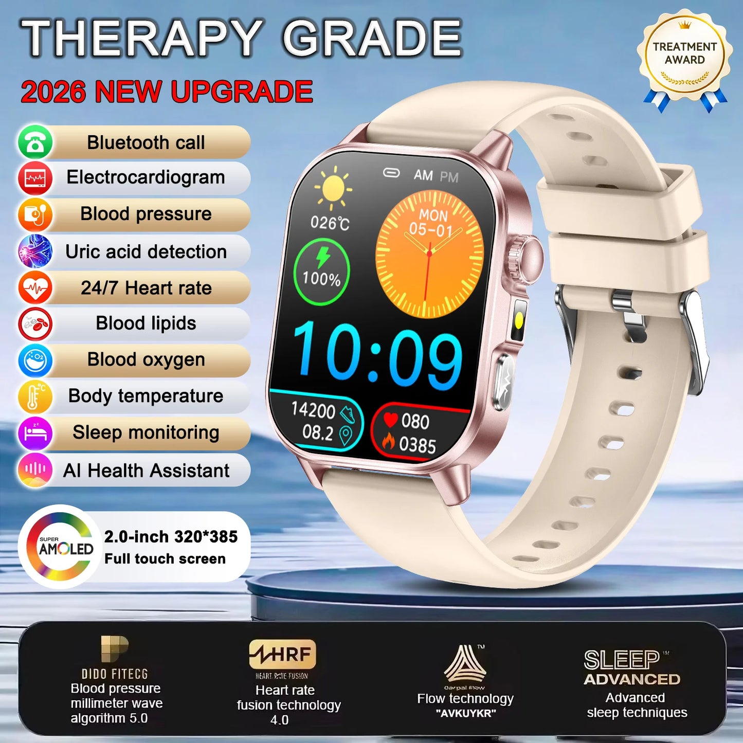 2026 New Body Analysis Health Smart Watch ECG+PPG Uric Acid Blood Pressure Blood Oxygen Clock Call AMOLED Smart Watch Men Women
