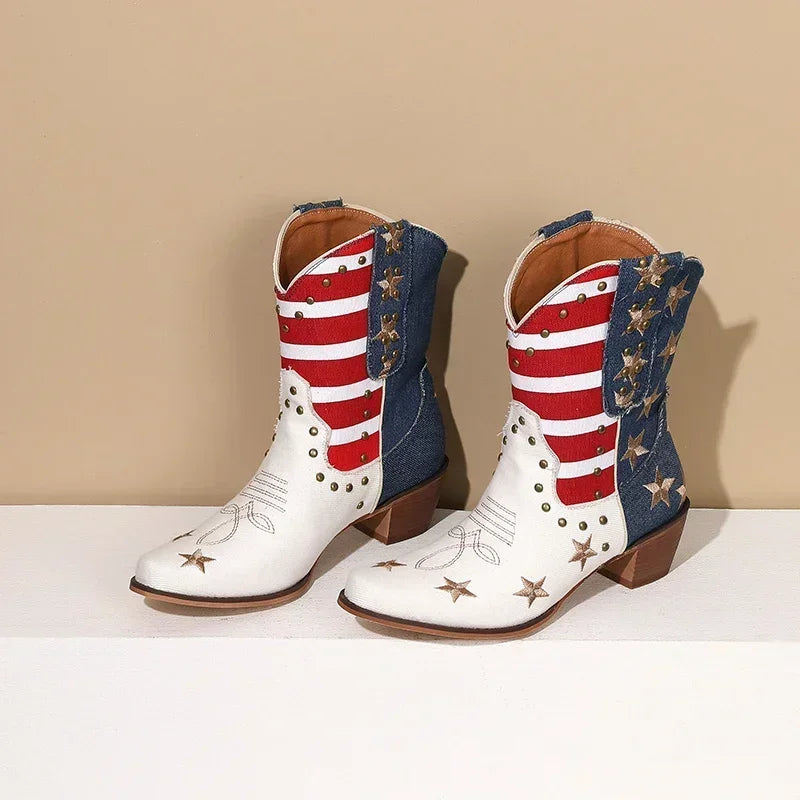 Western Women Cowboy Ankle Boots Denim Embroidery Star Rivet Warped Pointed Toe High Heels American Cowgirl Vintage Short Boots