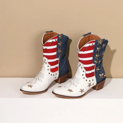 Western Women Cowboy Ankle Boots Denim Embroidery Star Rivet Warped Pointed Toe High Heels American Cowgirl Vintage Short Boots