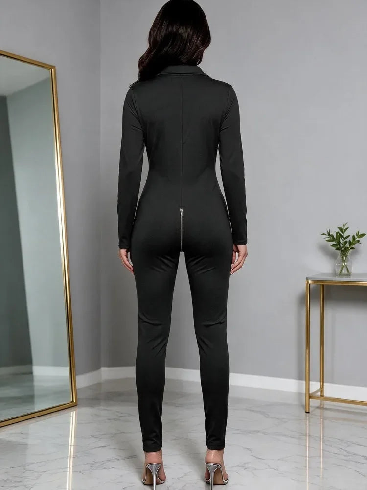 Sexy Black PU Leather Jumpsuit Women Collared Long Sleeve Bodycon Catsuit Zip Pockets Moto Biker Streetwear Clubwear Party Raves
