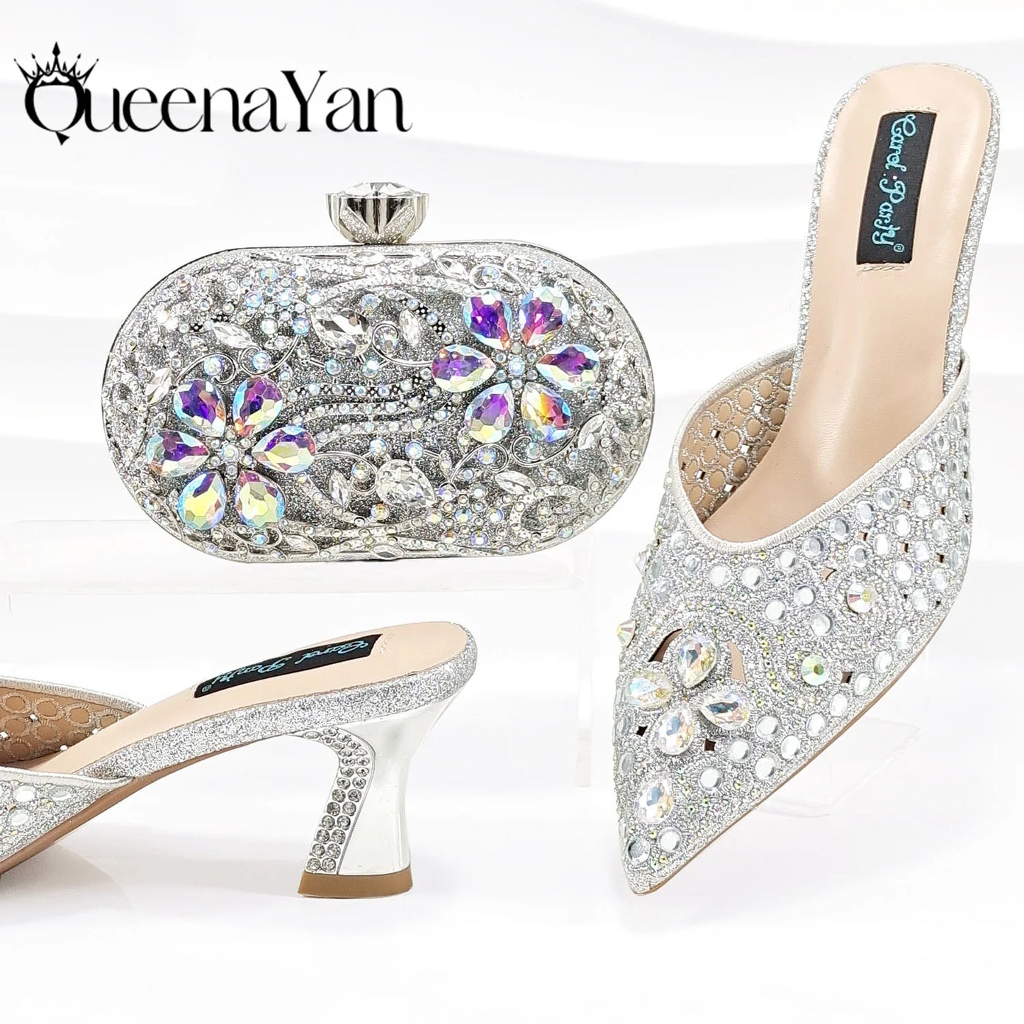 QUEENA YAN Luxury Pink Rhinestone Party Shoes and Clutch for Women- Elegant Crystal Heels with Matching Evening Bag