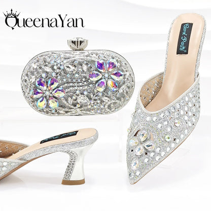 QUEENA YAN Luxury Pink Rhinestone Party Shoes and Clutch for Women- Elegant Crystal Heels with Matching Evening Bag