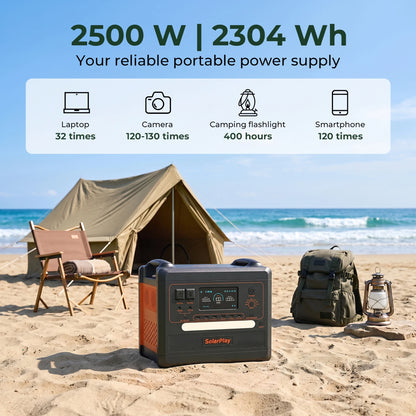 SOLARPLAY Q2402M Portable Energy Storage Power Station 2500W 2304Wh LiFePO4 Battery Support Foldable Solar Panel Charging Multi AC Output for Camping RV Home Off-Grid Power Supply