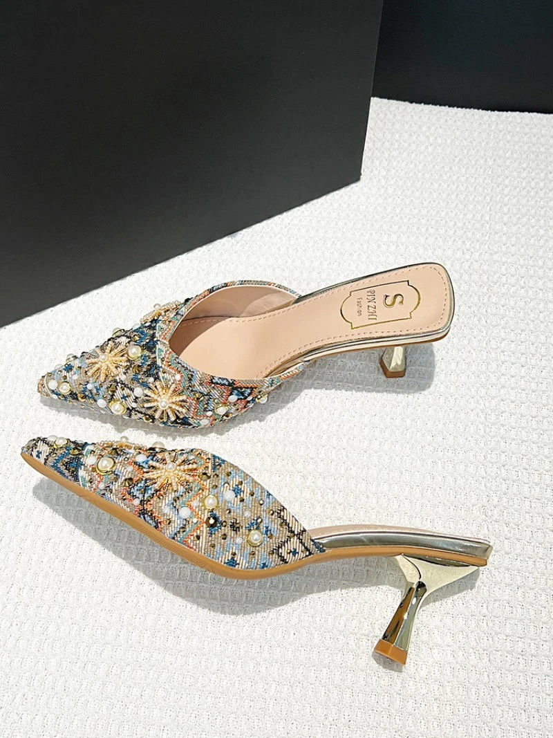 Luxury String Bead Decoration Design Brand High Heel Slippers Women Shiny Rhinestone Slide Sandals Elegant Wedding Bridal Shoes