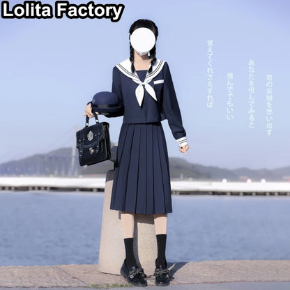65cm longuette JK Uniform Sets Japanese Women girls uniform dark blue Short/long Sleeve School Uniforms Sailor Pleated Skirt
