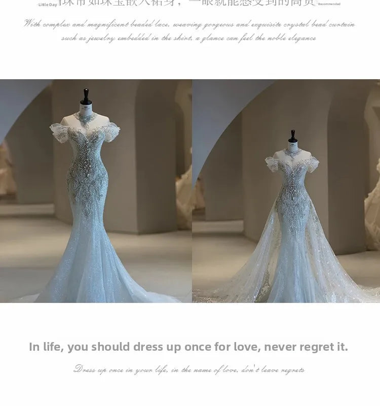Elegant Fish Tail Wedding Dress Lightweight Tulle One Shoulder Bridal Gown for Small Stature Brides Heavy Embroidery Exit Veil