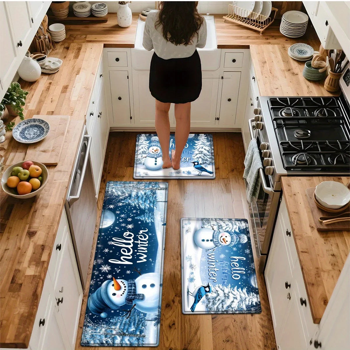 VIKAMA Snowman Forest Bird Snowflake Kitchen Rugs Set Anti Slip Washable Runner for Winter Holiday Kitchen Floor Decor