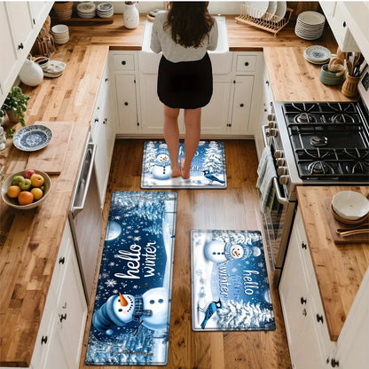 VIKAMA Snowman Forest Bird Snowflake Kitchen Rugs Set Anti Slip Washable Runner for Winter Holiday Kitchen Floor Decor