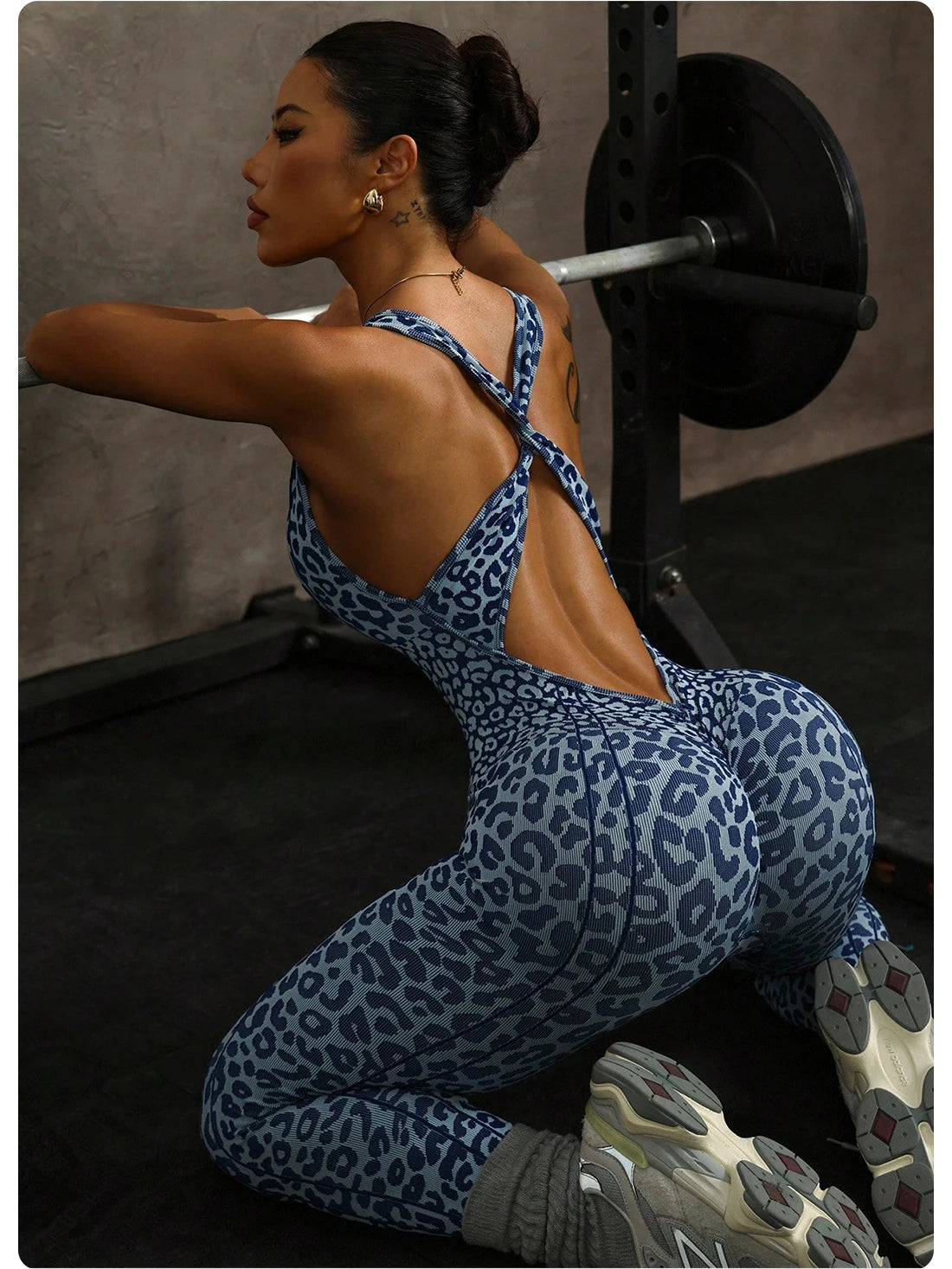 ZHEJIN Leopard Jumpsuit Women Backless Criss Cross Seamless Yoga Romper Scrunch Butt Lifting Workout Bodysuit Gym Fitness Wear