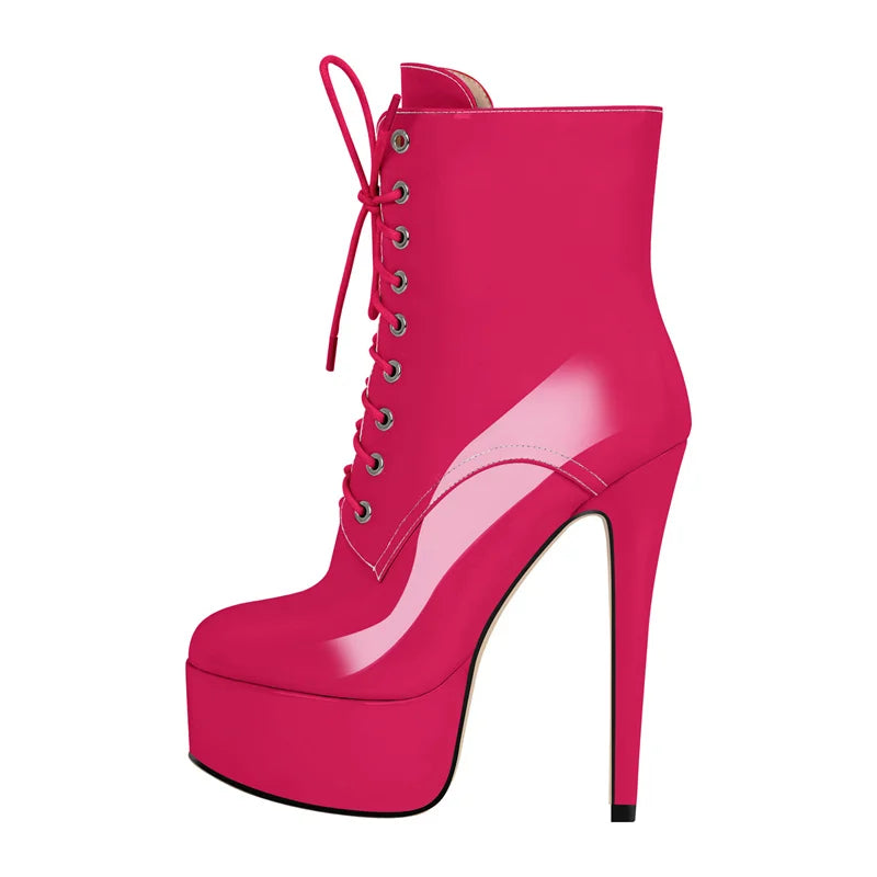 Onlymaker Women Round Toe Platform Lace-up Stiletto Printed Side Zipper Stiletto High Heel Ankle Boots