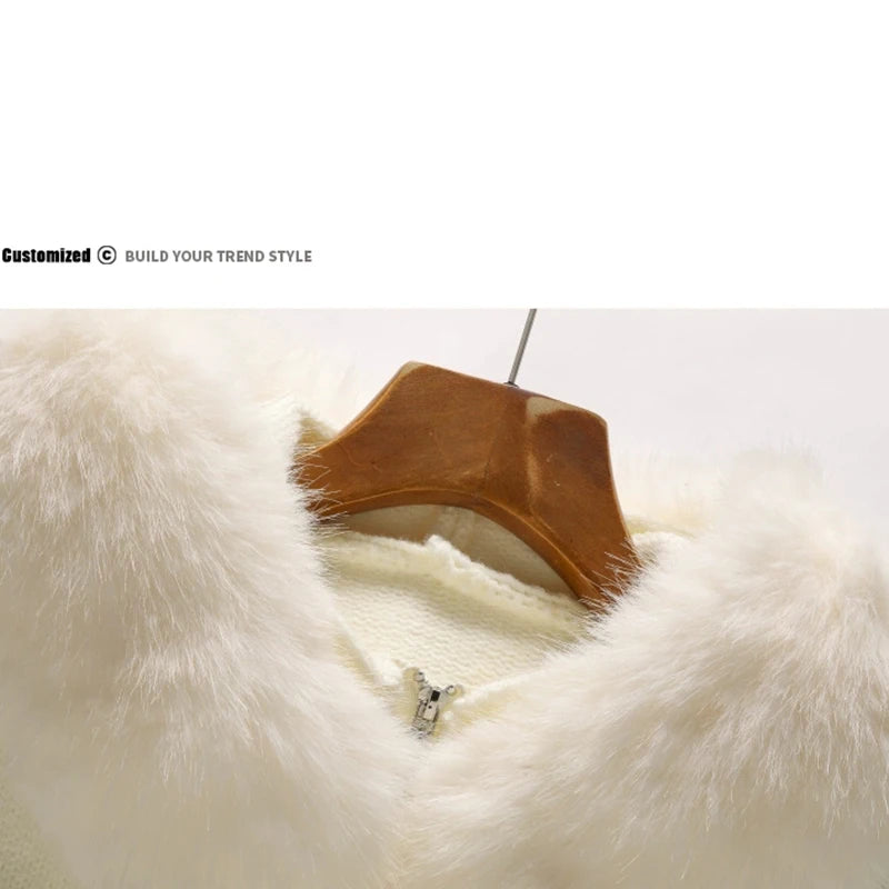 New 2026 Winter Sweater Coat Women Hooded Cardigan Fur Collar Hooded Knit Thicken Warm Women's Coats Chic Casual Outwear Coats