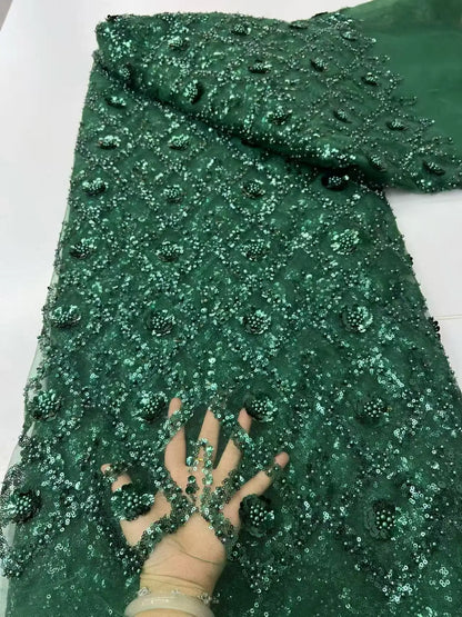Luxury African Beaded Sequins Pearl Lace French Tulle Fabric 2026 High Quality Nigerian Design for Party Dress Sewing 2026