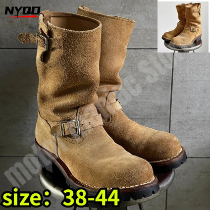 Cow Suede All-Macth Motorcycle Boots Men's Women Engineer Ort Shoes Retro Motorcycle Boots Faded Mid-Calf Shoes Motocross Boots