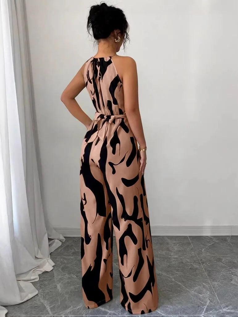 2026 New Women Milk Print Halter Neck Jumpsuit, Tie Back Backless Sling Romper, High Waist Slim Fit Wide Leg One Piece Pants