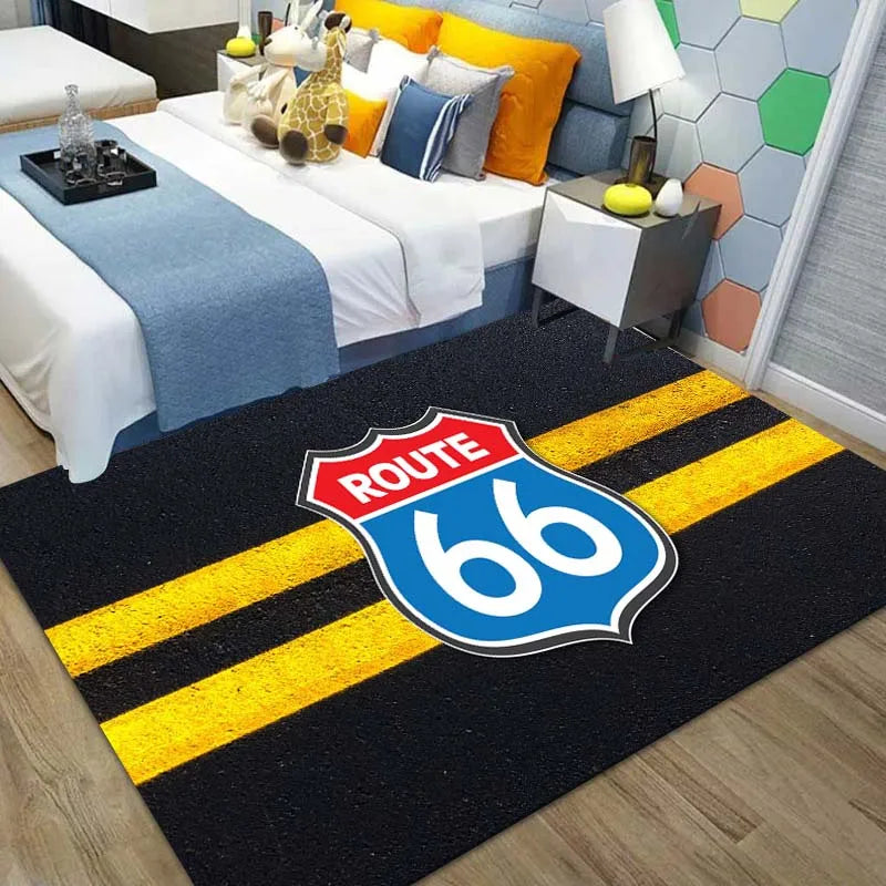 Route 66 Motorcycle Pattern Print Flannel Area Rug Americana Theme Soft Comfortable Floor Mat For Living Room Bedroom