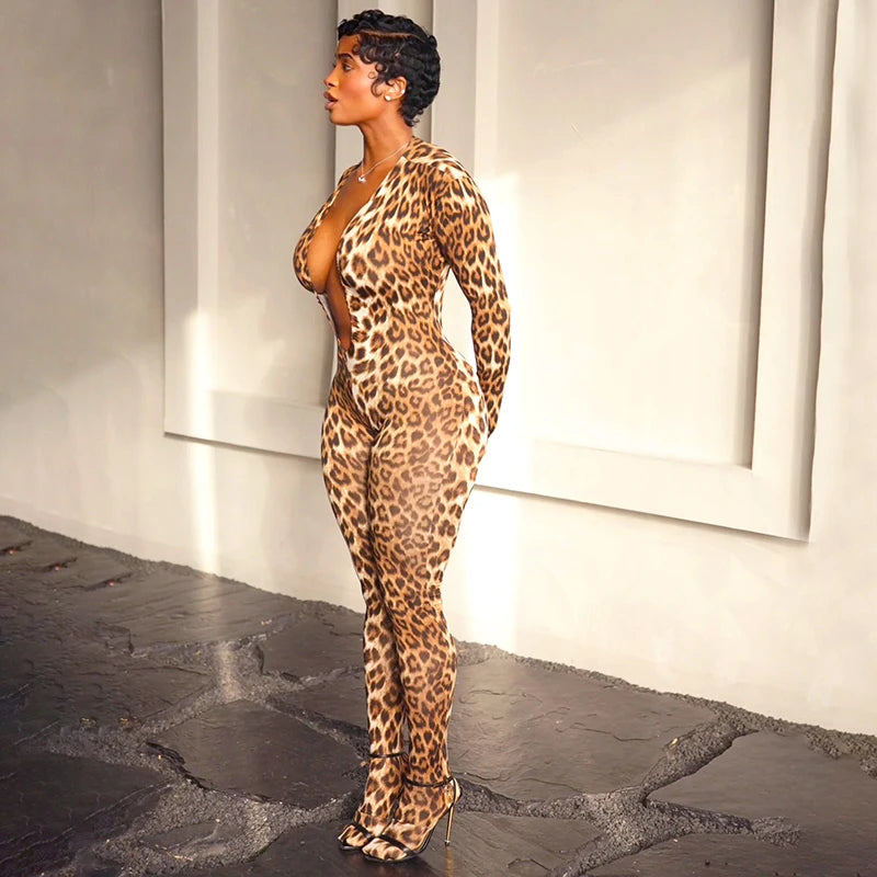 Leopard Print Jumpsuits Woman Deep V-Neck Cleavage Backless Full Sleeve Skinny Peach Hip Hot Girls Street Sexy Overalls