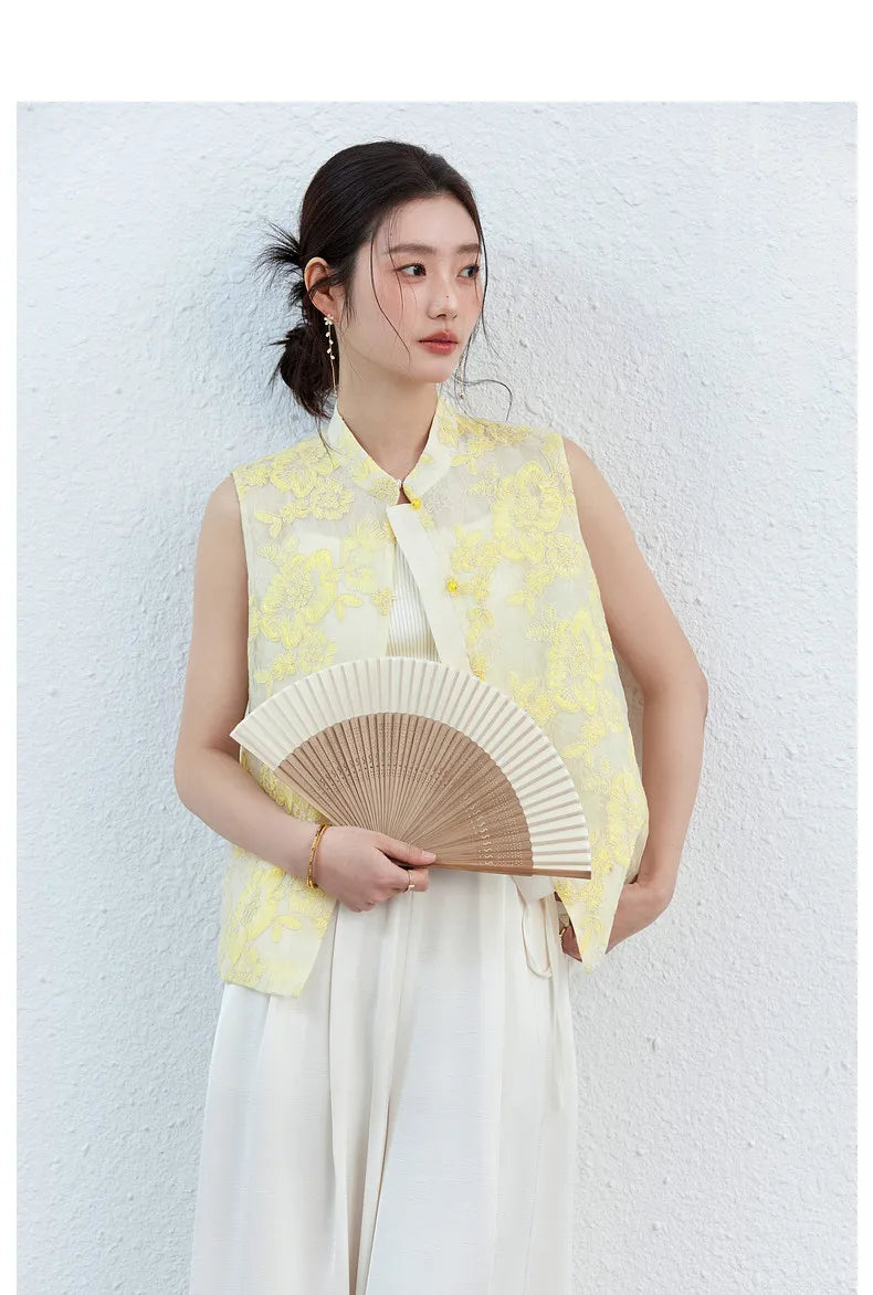 VIMLY Women's Vest 2026 Summer Casual Yellow Floral Embroidery Stand Collar New Chinese Style Sleeveless Jacket Ladies A5251