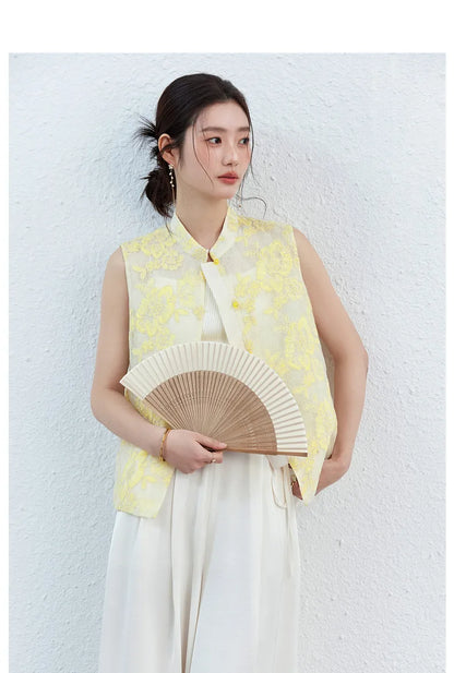 VIMLY Women's Vest 2026 Summer Casual Yellow Floral Embroidery Stand Collar New Chinese Style Sleeveless Jacket Ladies A5251