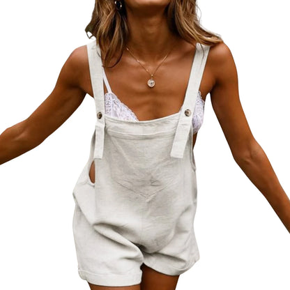 New Women Cotton and Hemp Loose Button Casual Backband Pants  Square Neck Sleeveless Shorts jumpsuit White/Black/Military Green