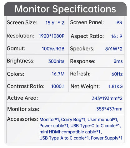 15.6" Folding Portable Monitor Dual Touch Screen 1080p 300nits VESA 75mm Freely Adjust Display Extender for Laptop PC With Bag