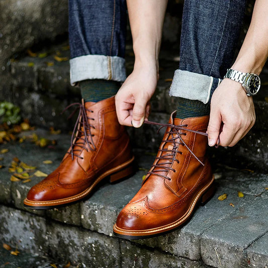 Autumn Fashion Genuine Leather Mens Ankle Boots Handmade Lace Up Stylish Oxford Shoes High Quality Motorcycle Boots for Men 2025