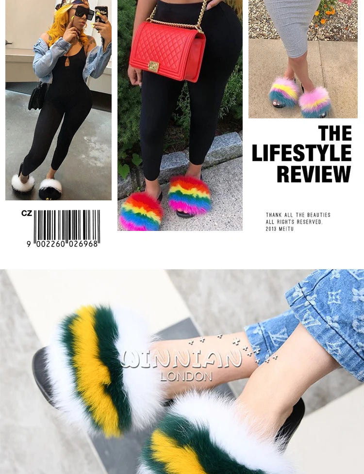 Natural Fox Fur Slippers, Fashionable Outdoor Multi-Color Animal Hair Slippers, Women's Gifts, Soft EVA Sole Slippers, On Trend