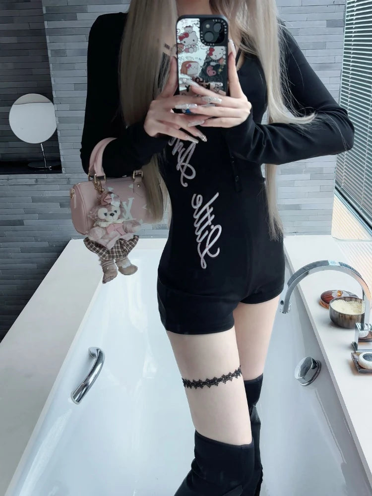 Pure Desire American Long Sleeved T-shirt Jumpsuit Slim Fit Letter Spicy Girl Sexy Sports Fitness Yoga Cycling Jumpsuit Shorts