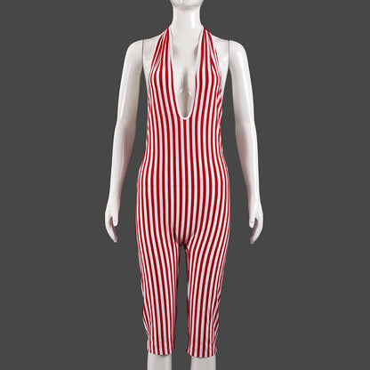 Nibber Backless Stripe Print Playsuit Women Sleeveless Halter V-neck Bandage Skinny Sexy Club Activity Fitness Workout Romper