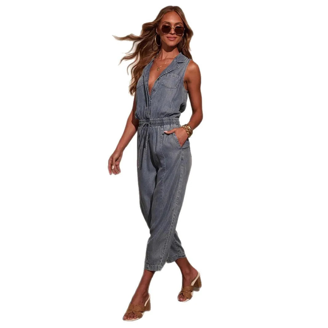 Women Jumpsuits Sleeveless Denim Pants One Piece Drawstring Pockets Rompers Solid Spliced Casual Button Jeans Overalls