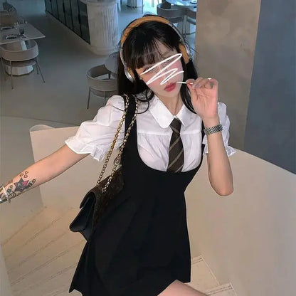 2025 korea japan style female summer fashion style jk uniform halter pleated skirt bubble short sleeve shirt two piece sets g823