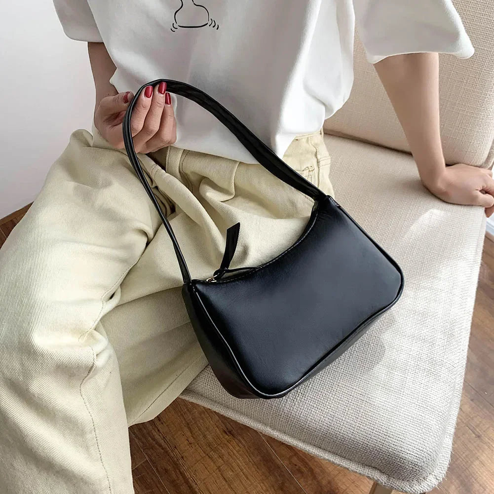 New Retro Soft PU Leather Women Shoulder Underarm Bags Casual Solid Color Small Top-Handle Handbags Ladies Fashion Shoulder Bags