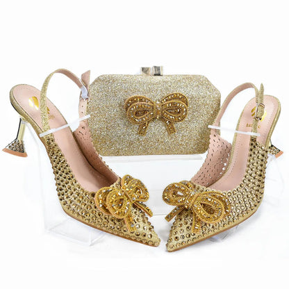 doershow beautiful Italian gold Shoes And Bag Sets For Evening Party With Stones Italian Leather Handbags Match Bags! HTG1-9
