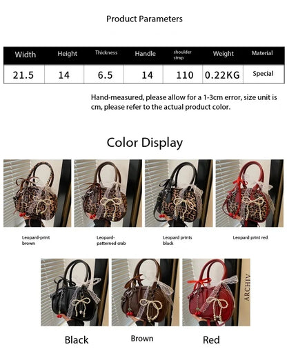Vintage Leopard Pu Shoulder Bags for Women Portable Trendy Ladies Crossbody Bag Lace Pearl Pendant Female Bowling Handbags