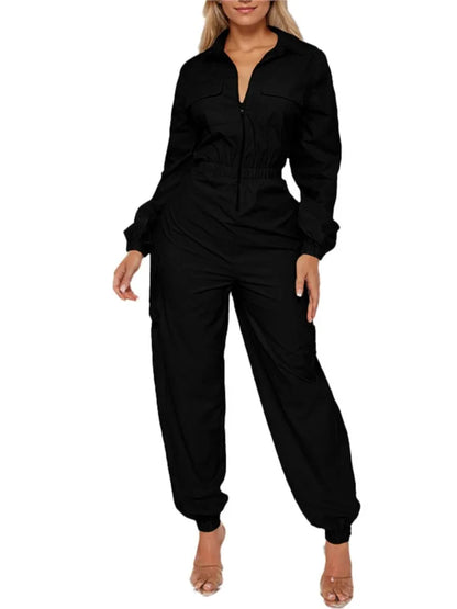 Work Jumpsuit Women's Pocket Elastic Waist Zipper Jumpsuit New Style Autumn Fashion Elegant Casual Long Sleeve Jumpsuits
