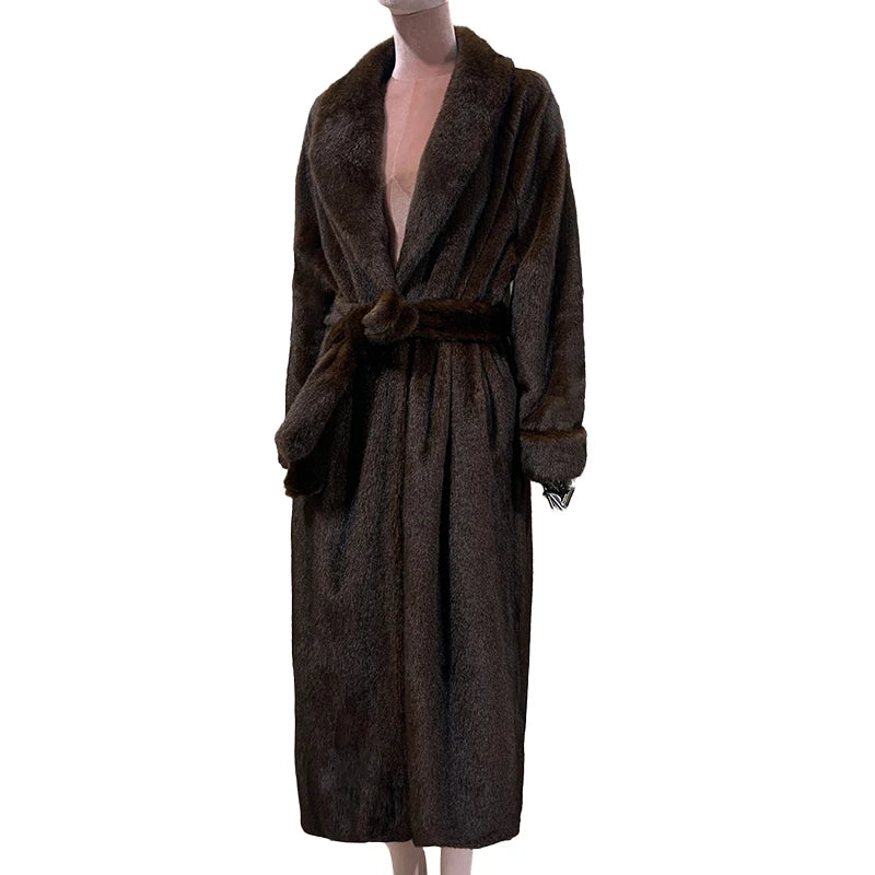 Mauroicardi Winter Long Thick Warm Brown Skirted Faux Mink Fur Coat Women Shawl Collar Sashes Elegant Luxury Furry Overcoat 2025
