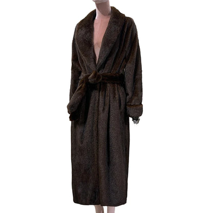 Mauroicardi Winter Long Thick Warm Brown Skirted Faux Mink Fur Coat Women Shawl Collar Sashes Elegant Luxury Furry Overcoat 2025