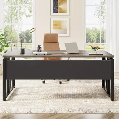 63 inches Computer Desk with Bottom Storage Shelf Home Office Desk Writing Table for Workstation,Dark Walnut + Steel