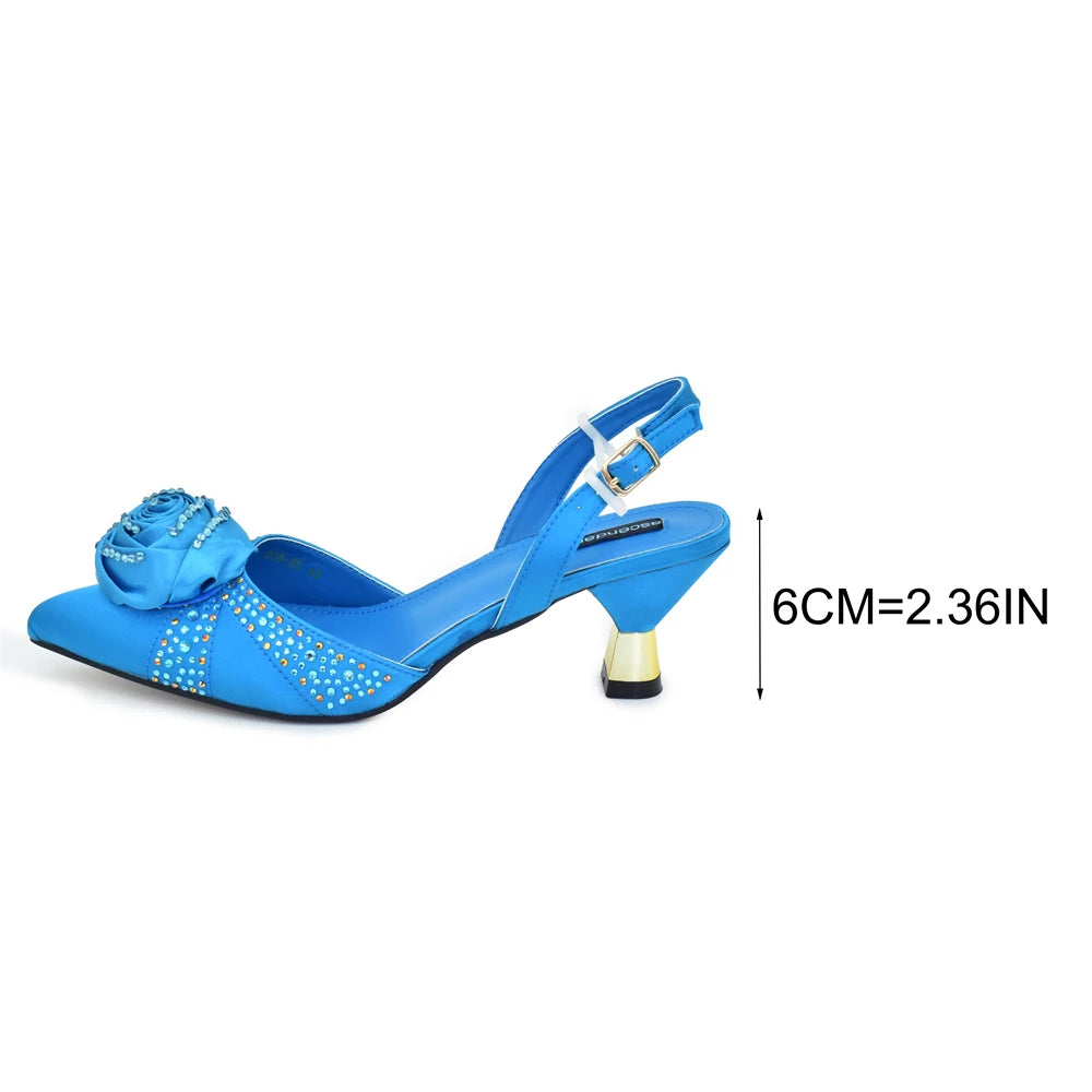 Hot Selling New Fashionable Teal Blue Pointed Toe Shoes Matching Bag Set for Offices Ladies Party in Dress Wedding Shoes Bride