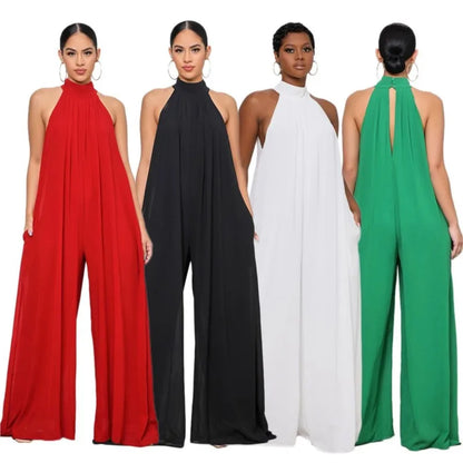 2026 New Women's Solid Chiffion Loose Halter Jumpsuits Sexy Backless Wide Leg Pants Rompers Fashion Party Elegant Women Clothing